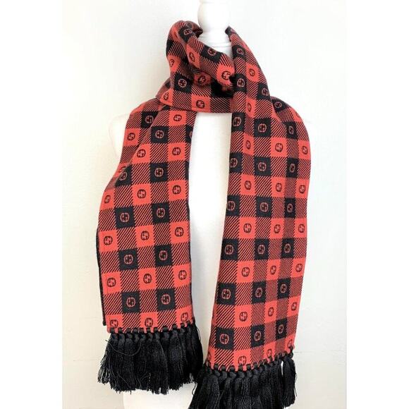 NWT Gucci Wool Interlocking GG LEISURE Scarf Black Red - Picture 4 of 11